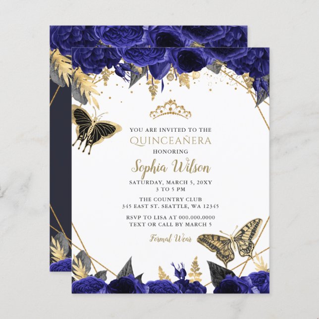Lámina Invitación a Quinceañera de mariposa azul real de  (Anverso / Reverso)