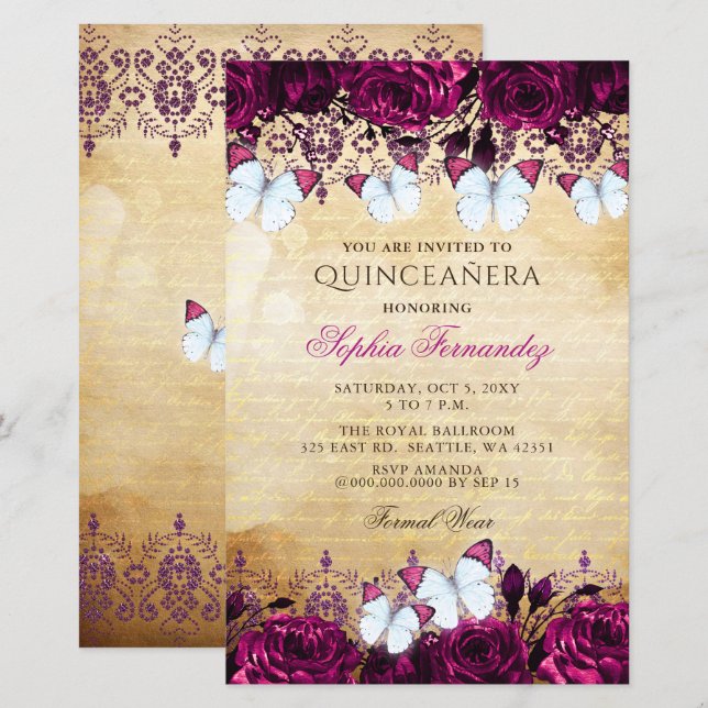 Lámina Invitación a Quinceañera de Mariposa Rosada Presup (Anverso / Reverso)