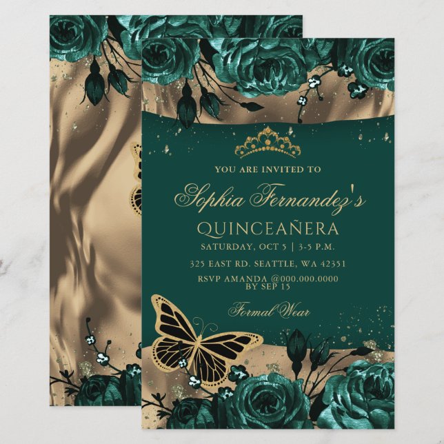 Lámina Invitación a Quinceañera de Mariposa Verde Presupu (Anverso / Reverso)