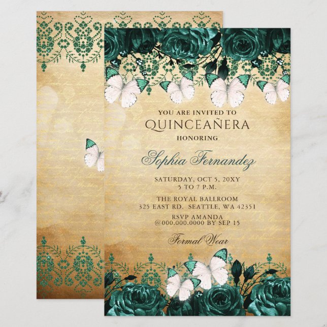 Lámina Invitación a Quinceañera de Mariposa Verde Presupu (Anverso / Reverso)