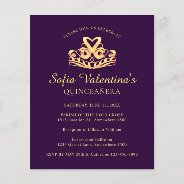 Lámina Invitación a Quinceanera de oro púrpura de presupu (Anverso)