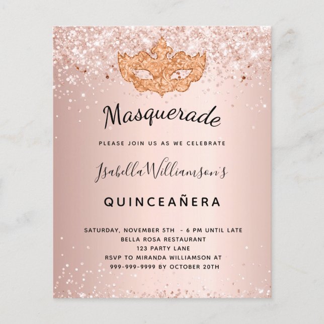 Lámina Invitación a Quinceanera de oro rosa de mascarada (Anverso)