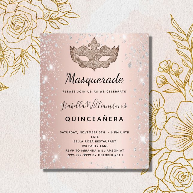 Lámina Invitación a Quinceanera de oro rosa de mascarada (Subido por el creador)