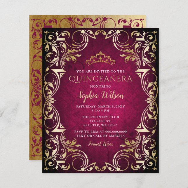 Lámina Invitación a Quinceañera de oro rosado (Anverso / Reverso)