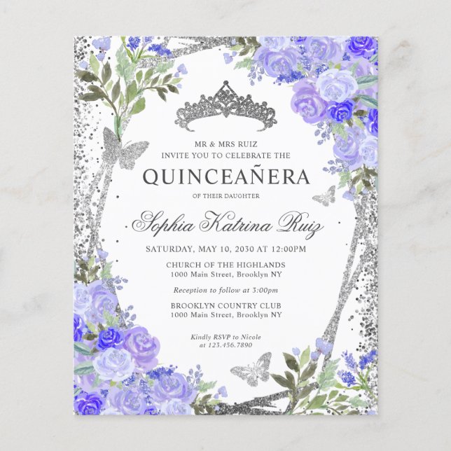 Lámina Invitación a Quinceañera de Plata Púrpura Floral P (Anverso)