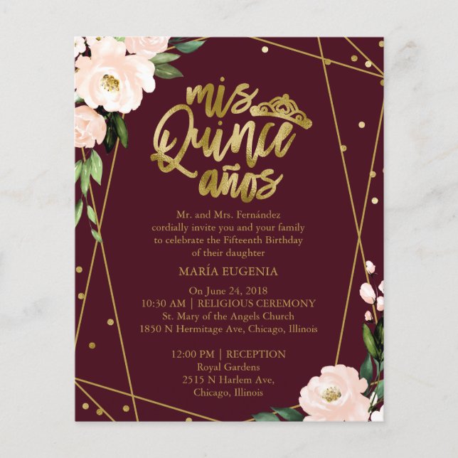 Lámina Invitación a Quinceanera de Presupuesto Borgoña Bi (Anverso)