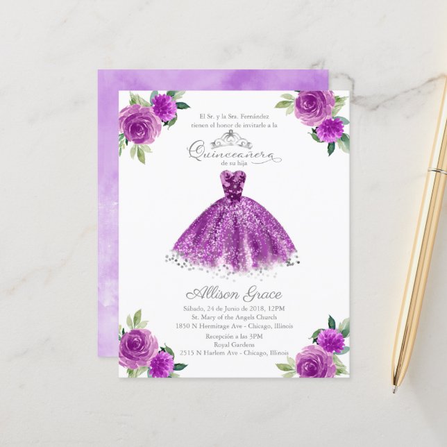 Lámina Invitación a Quinceanera de presupuesto Guata Púrp (Anverso/Reverso In Situ)