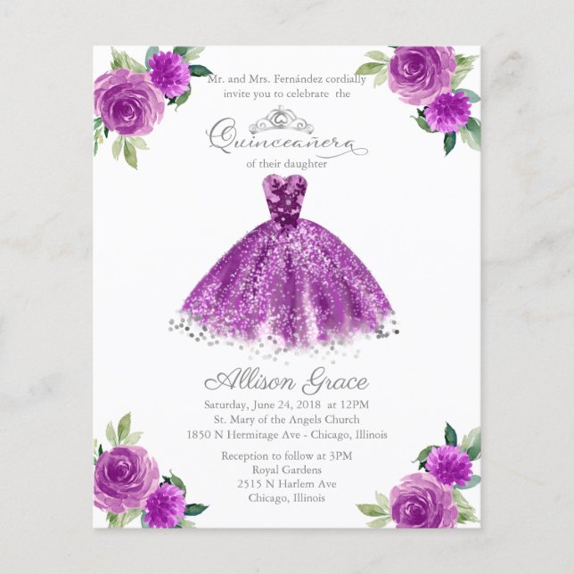 Lámina Invitación a Quinceanera de Presupuesto Púrpura Bi (Anverso)