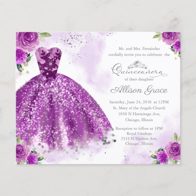Lámina Invitación a Quinceanera de Presupuesto Púrpura Bi (Anverso)