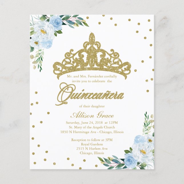Lámina Invitación a Quinceanera de presupuesto Tiara azul (Anverso)