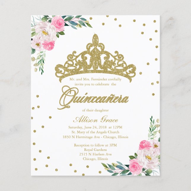 Lámina Invitación a Quinceanera de presupuesto Tiara bili (Anverso)
