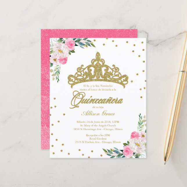 Lámina Invitación a Quinceanera de presupuesto Tíara de o (Anverso/Reverso In Situ)