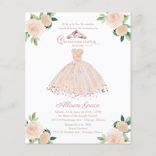 Lámina Invitación a Quinceanera de presupuesto traje de R (Anverso)