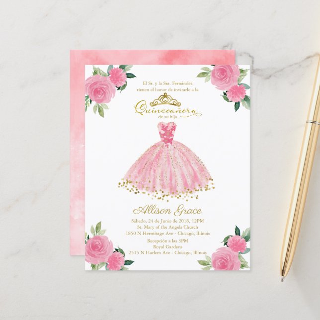 Lámina Invitación a Quinceanera de presupuesto traje rosa (Anverso/Reverso In Situ)