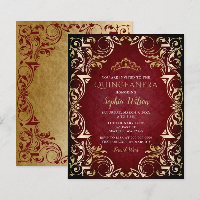 Lámina Invitación a Quinceañera de Red Gold de presupuest (Anverso / Reverso)