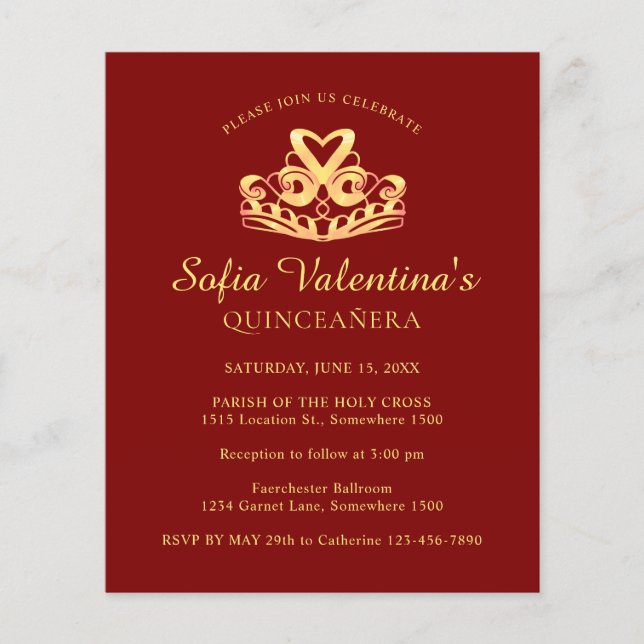 Lámina Invitación a Quinceanera de Red Gold de Presupuest (Anverso)