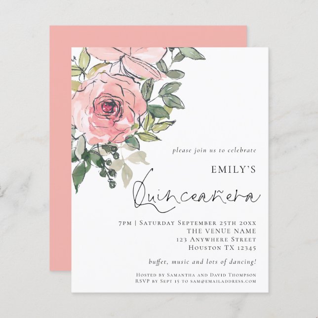 Lámina Invitación a Quinceañera de Rubor Pink Florals (Anverso / Reverso)