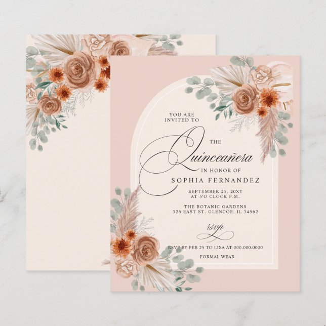 Lámina Invitación a Quinceanera del Boho de presupuesto T (Anverso / Reverso)