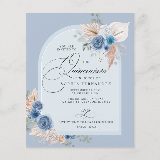 Lámina Invitación a Quinceanera del Boho Dusty Blue Pampa (Anverso)