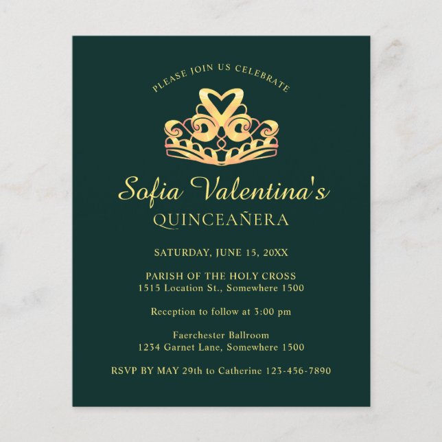 Lámina Invitación a Quinceanera del Oro Verde Presupuesta (Anverso)