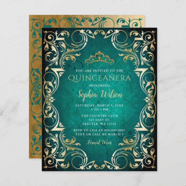 Lámina Invitación a Quinceañera del Oro Verde Presupuesta (Anverso / Reverso)
