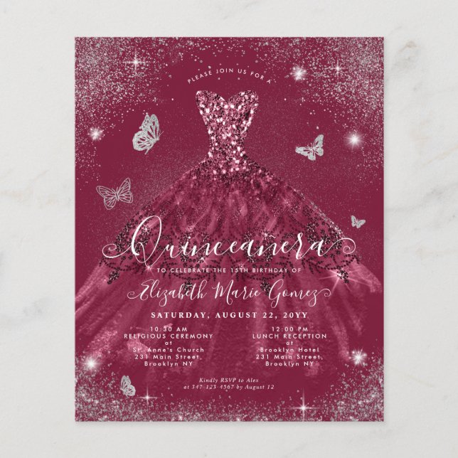 Lámina Invitación a Quinceanera del vestido de plata roja (Anverso)