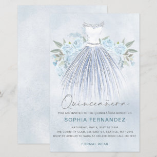 Lámina Invitación a Quinceañera Dusty Blue Silver Dress
