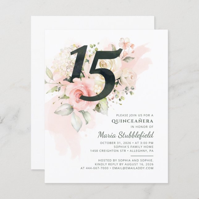 Lámina Invitación a Quinceanera Floral con fecha de nacim (Anverso / Reverso)