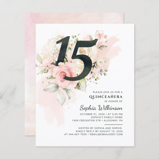 Lámina Invitación a Quinceanera Floral con fecha de nacim (Anverso / Reverso)