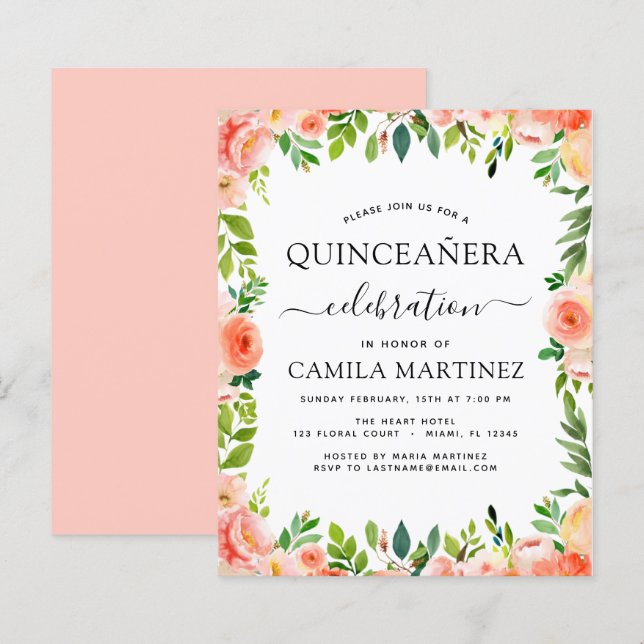 Lámina Invitación a Quinceañera floral de maceta de coral (Anverso / Reverso)