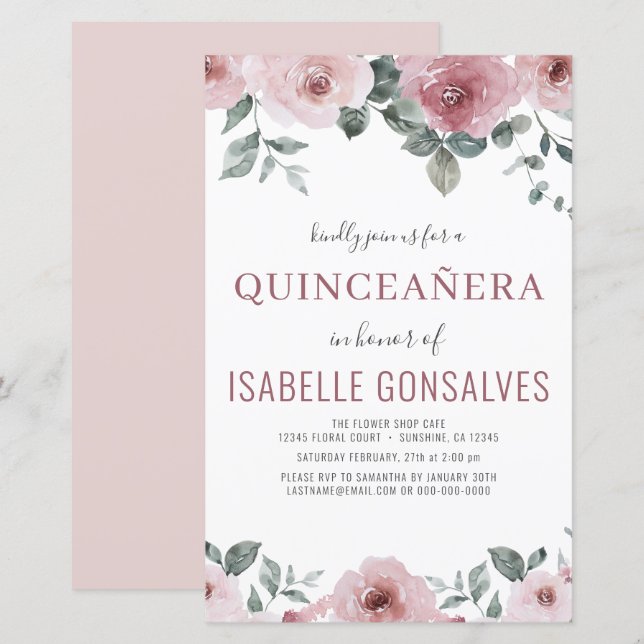 Lámina Invitación a Quinceañera Floral Rosa de Dusty Pres (Anverso / Reverso)