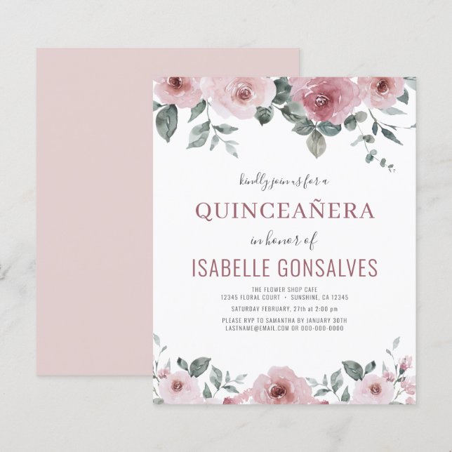 Lámina Invitación a Quinceañera Floral Rosa de Dusty Pres (Anverso / Reverso)