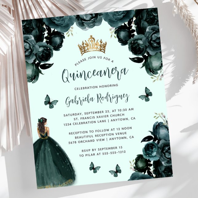 Lámina Invitación a Quinceañera floral verde esmeralda (Subido por el creador)