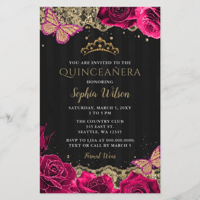 Lámina Invitación a Quinceañera Negra con rosas rosadas d (Anverso)