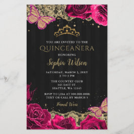 Lámina Invitación a Quinceañera Negra con rosas rosadas d
