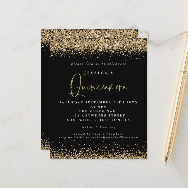 Lámina Invitación a Quinceanera Negra Purpurina de Oro Pr (Anverso/Reverso In Situ)