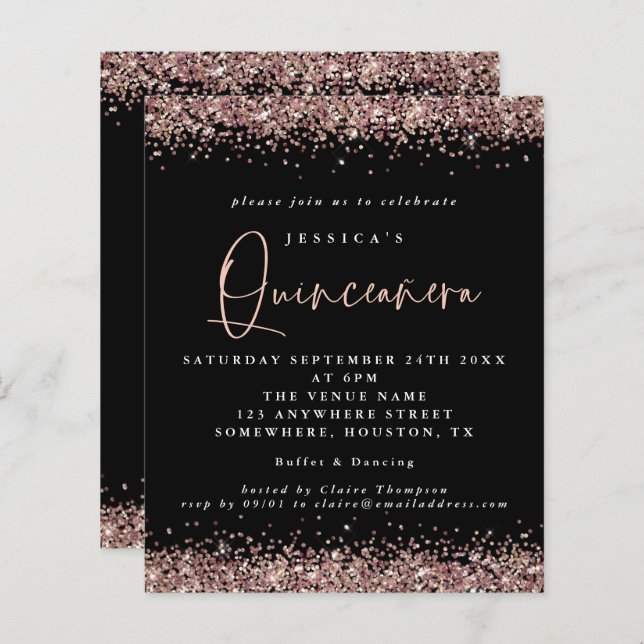 Lámina Invitación a Quinceanera Negra Purpurina de Oro Ro (Anverso / Reverso)