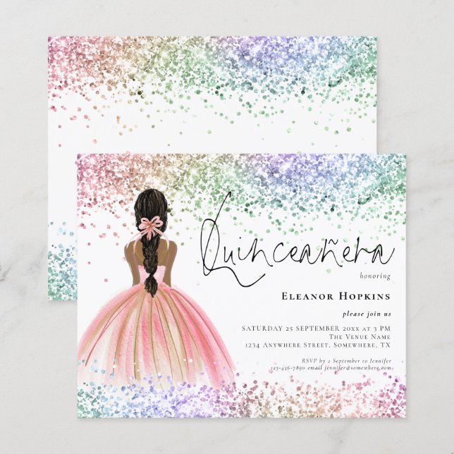 Lámina Invitación a Quinceanera Oscura Purpurina Multicol (Anverso / Reverso)