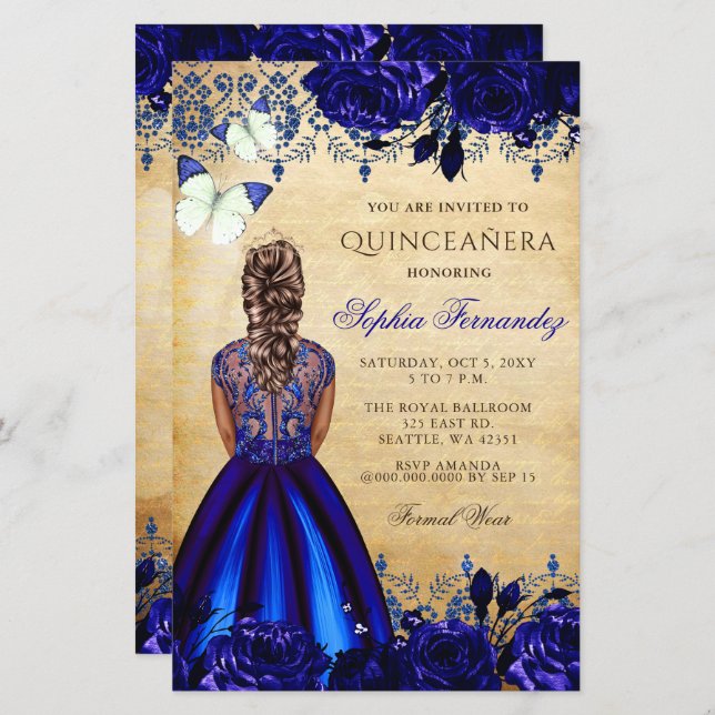 Lámina Invitación a Quinceañera Princesa Azul Presupuesta (Anverso / Reverso)