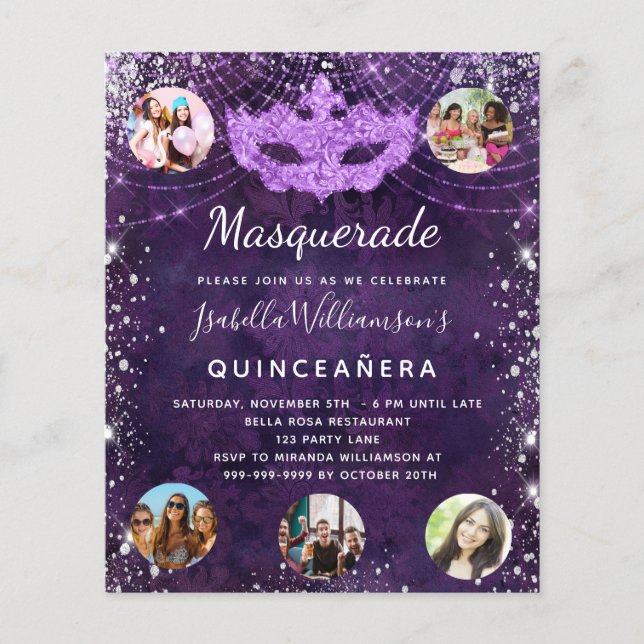 Lámina Invitación a Quinceanera púrpura de Masquerade pre (Anverso)