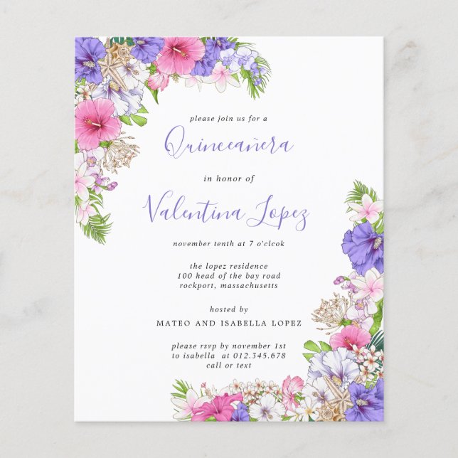 Lámina Invitación a Quinceanera Púrpura Púrpura Tropical  (Anverso)