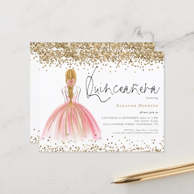 Lámina Invitación a Quinceanera, Purpurina de presupuesto (Anverso/Reverso In Situ)