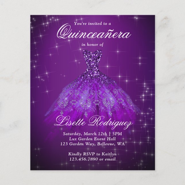Lámina Invitación a Quinceanera Royal Purple de Presupues (Anverso)