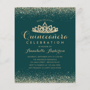 Lámina Invitación a Quinceañera Tiara de oro verde esmera