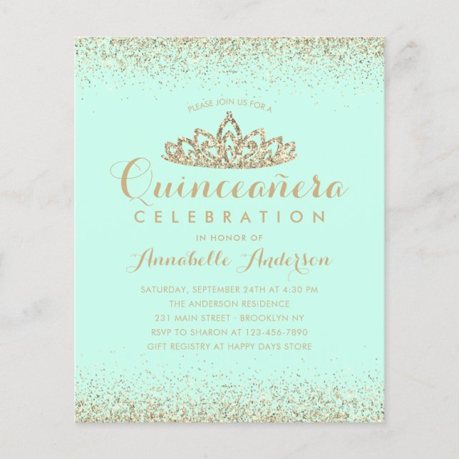 Lámina Invitación a Quinceañera Tiara Gold Verde azulada  (Anverso)