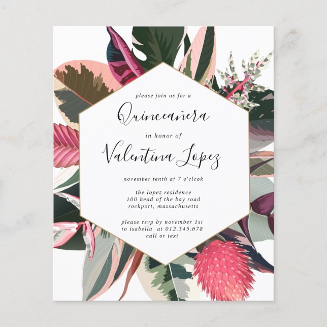 Lámina Invitación a Quinceanera Tropical Rosa (Anverso)