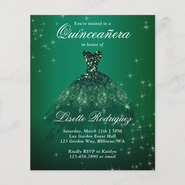 Lámina Invitación a Quinceanera verde esmeralda presupues (Anverso)
