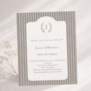 Lámina Invitación a rayas marrones marfil para cumpleaños