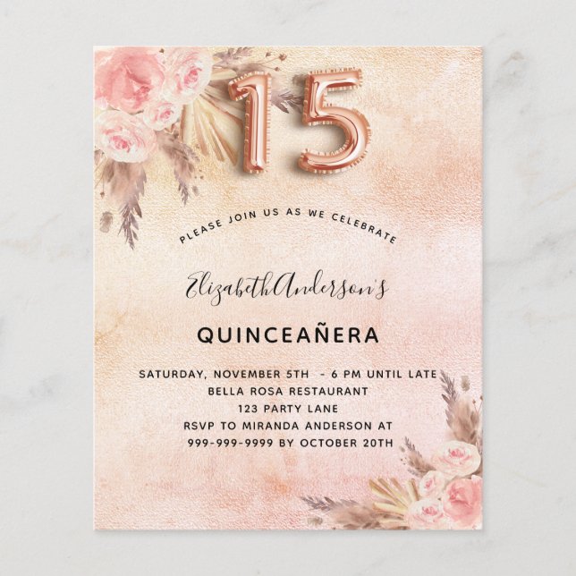 Lámina Invitación a rosa de hierba Quinceanera pampas (Anverso)