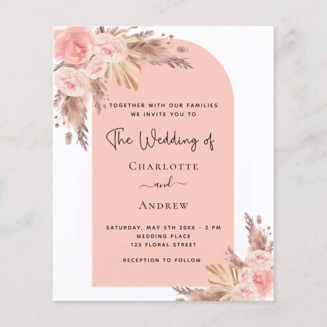 Lámina Invitación a rosa de pasto de pampas, boda de pres (Anverso)